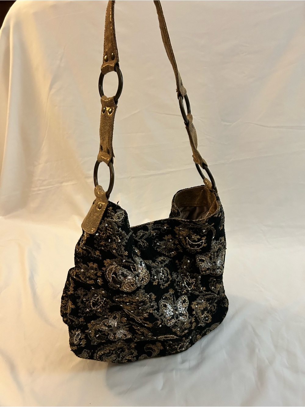 Vintage Betsey Johnson Black and Gold Embroidered Shoulder Bag